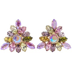 Weiss Aurora Borealis Crystal Geometrical Clip On Earrings in Gold, 1950s