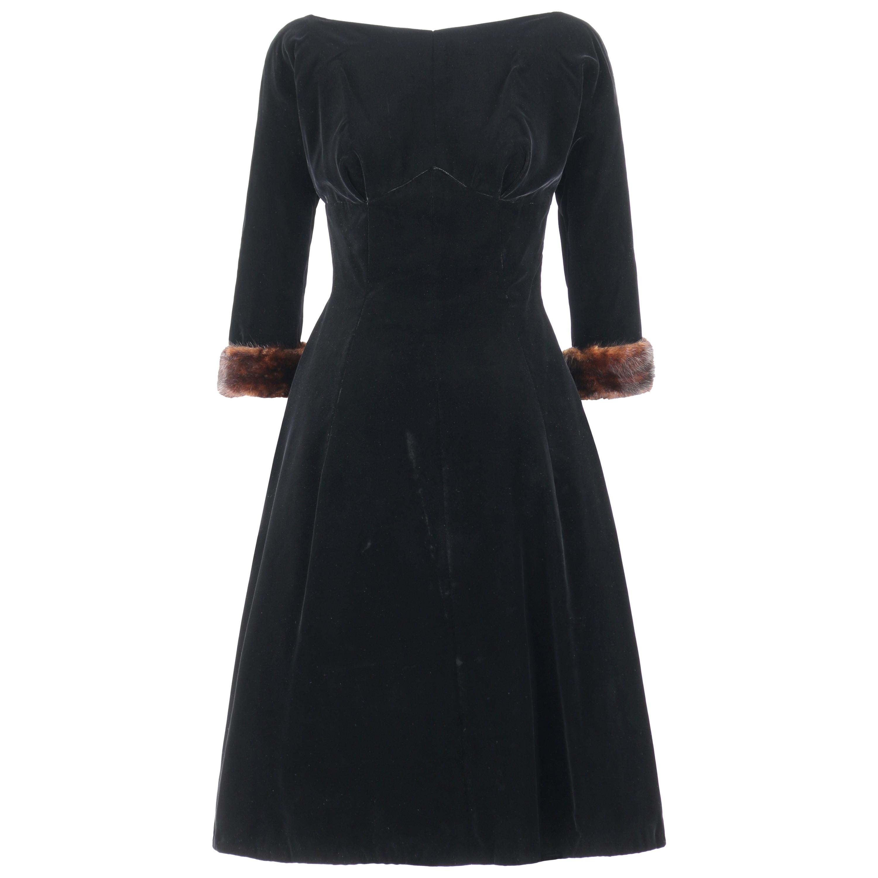 Young Modes CLAUDIA YOUNG c.1950's Black Velvet Mink Fur Cuff Cocktail Dress