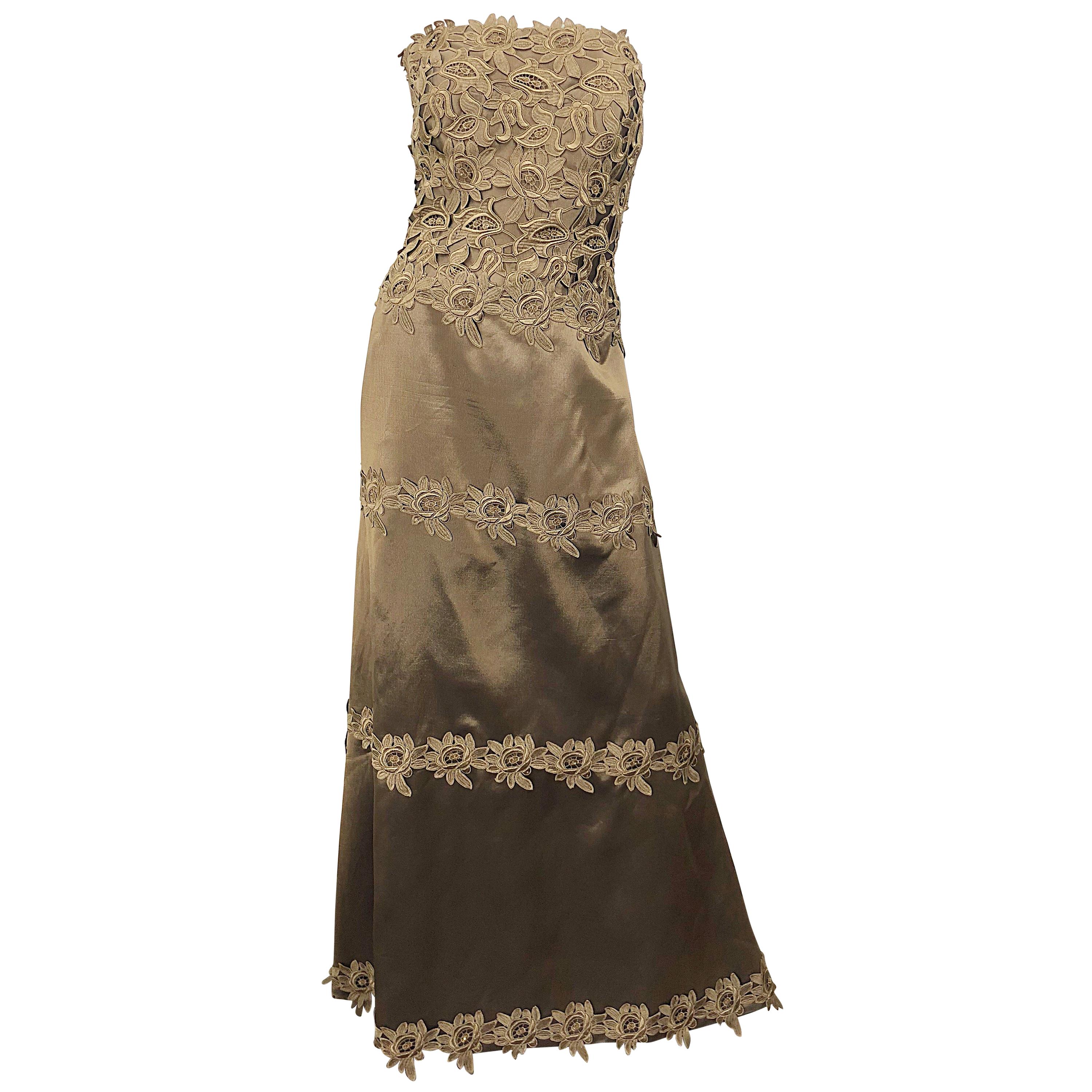 90s Helen Morley for Saks Size 12 / 14 Taupe Silk Crochet Beaded Strapless Gown For Sale