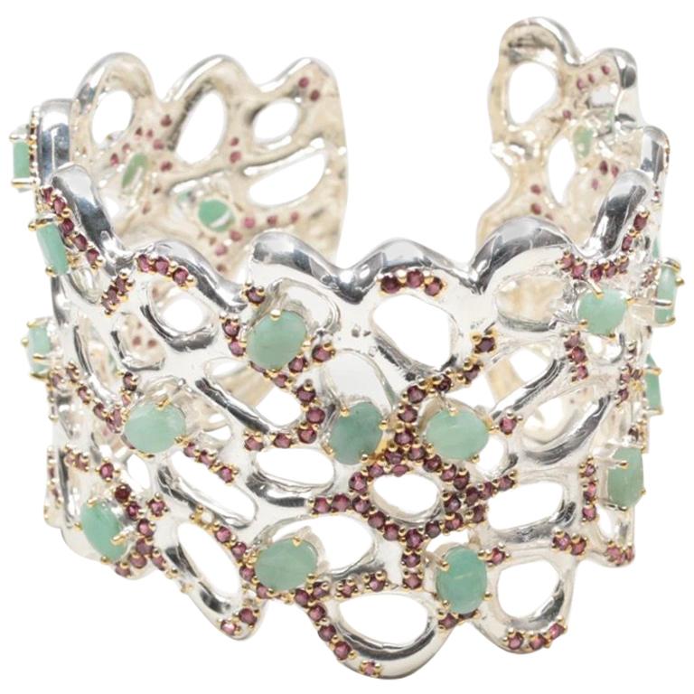 Sterling Silver Emerald, Rhodolite Garnet and Sapphire Cuff Bracelet For Sale