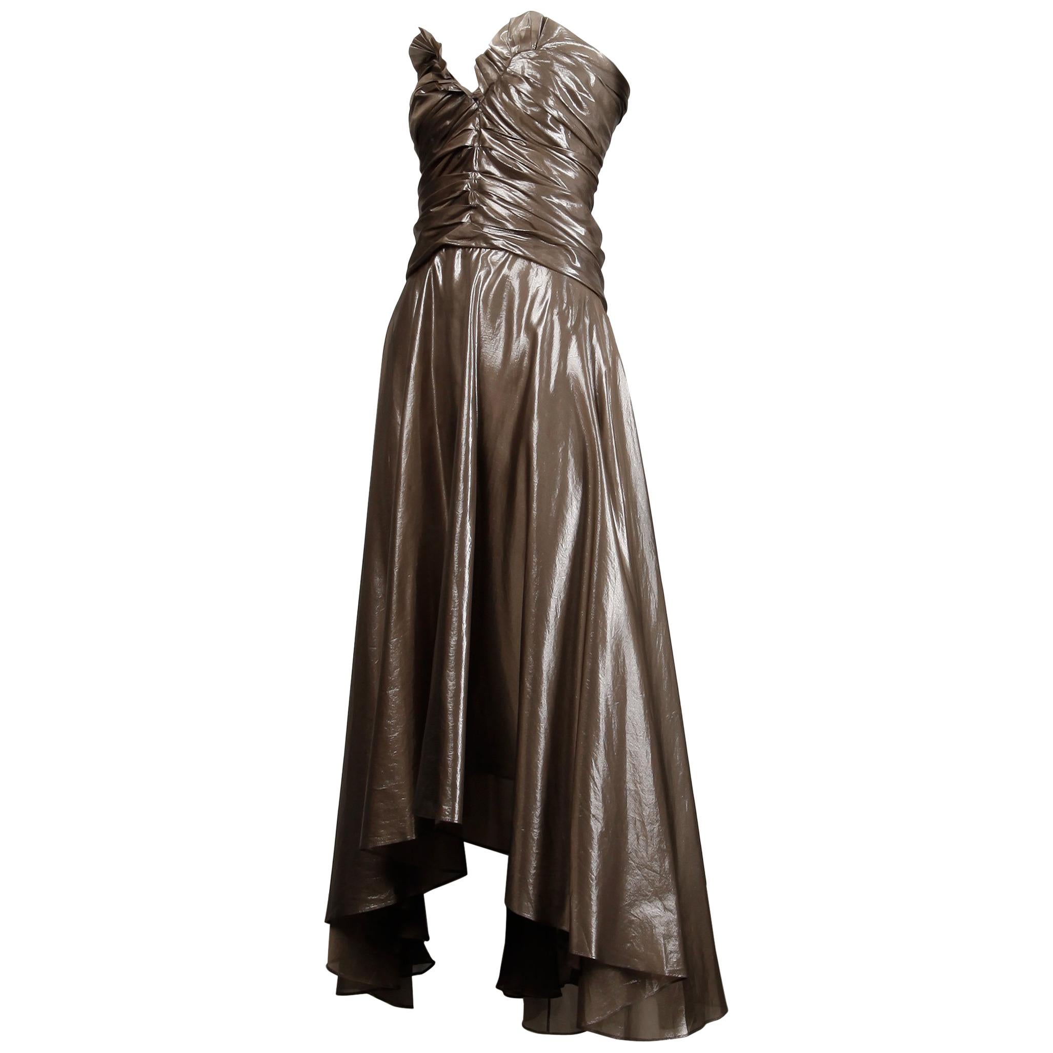 Yves Saint Laurent Strapless Metallic Gunmetal Silk Lamé Evening Dress/ Gown
