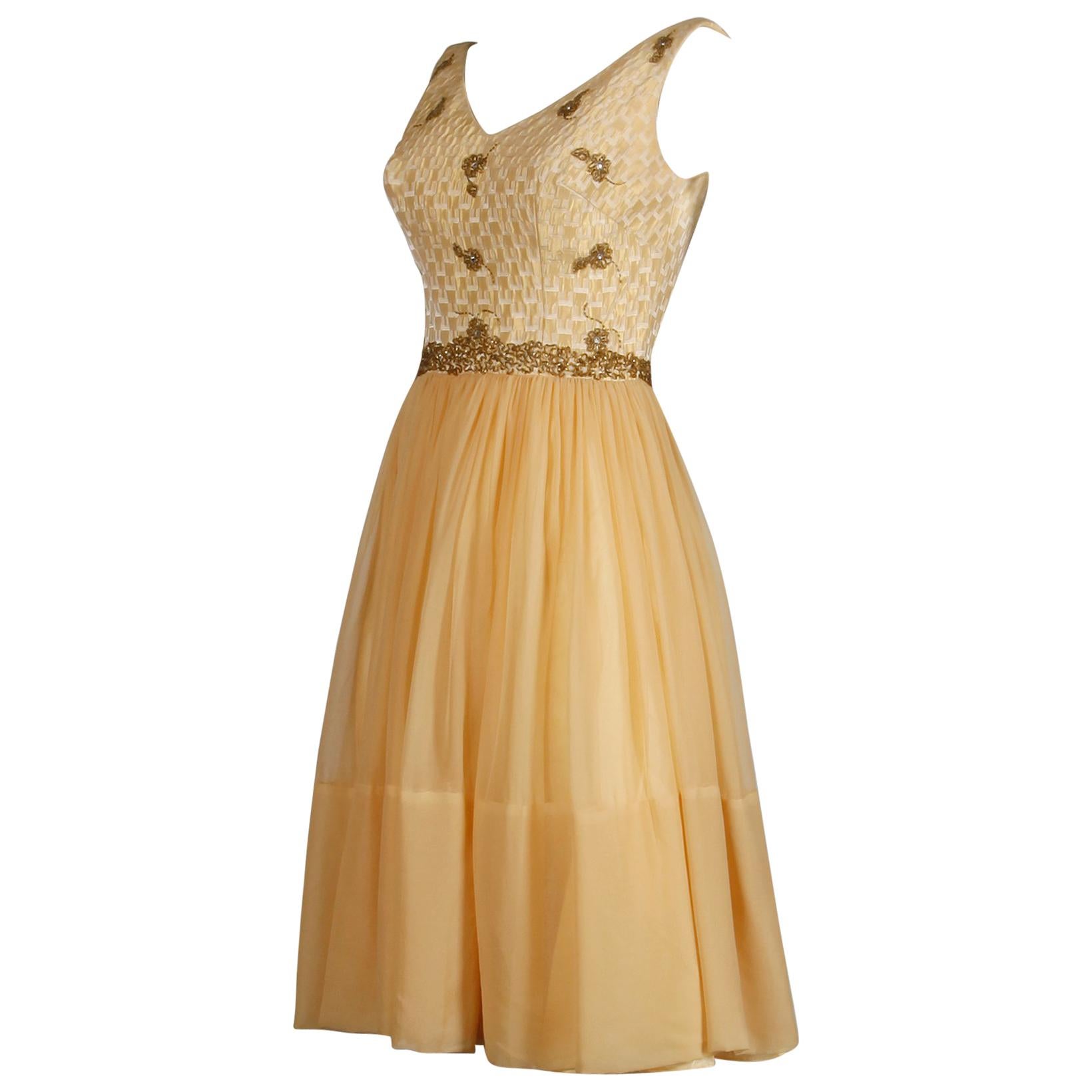 1960s Mam'selle Vintage Gold Beaded Brocade + Silk Chiffon Cocktail Dress