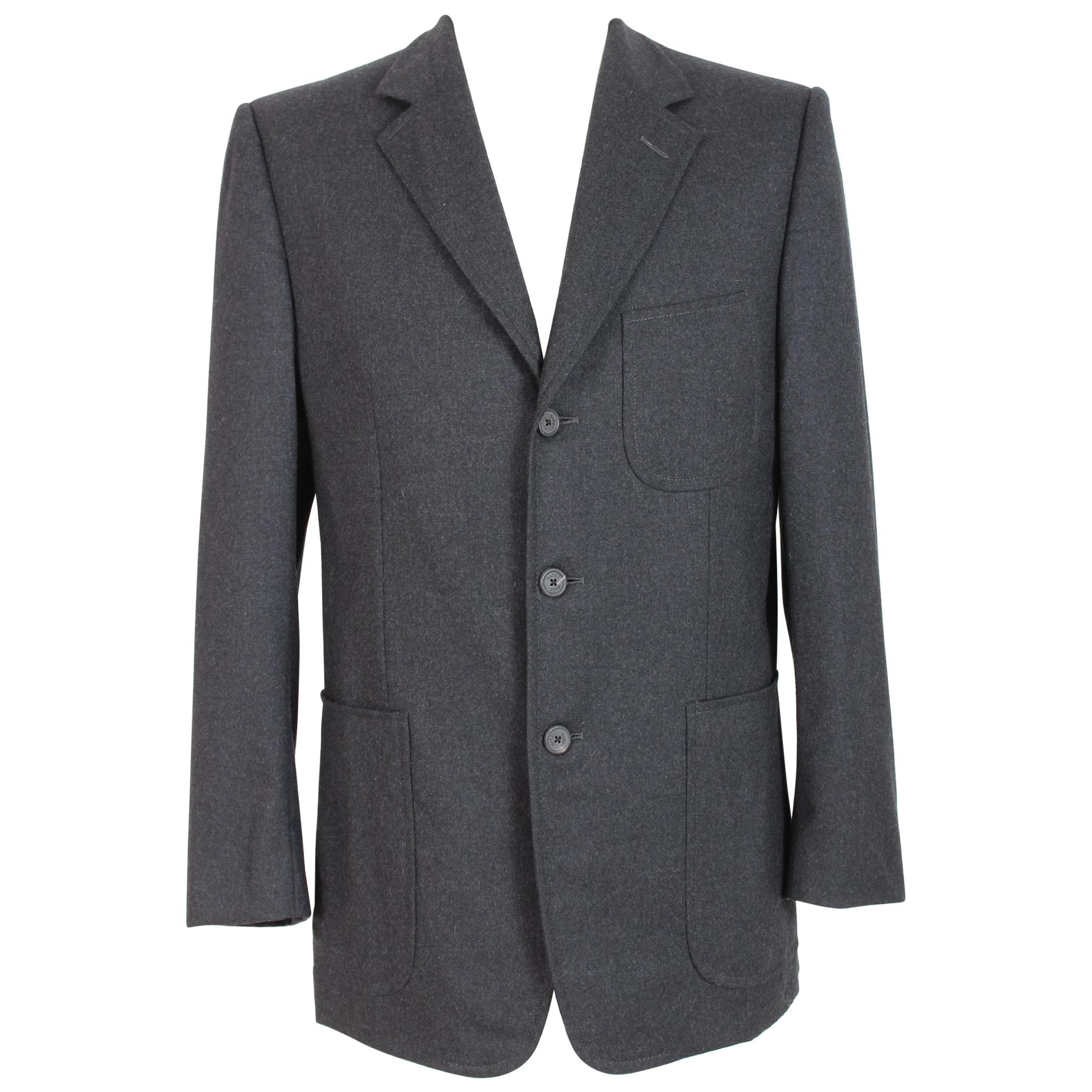 1990s Gucci Gray Boiled Wool Three Button Slim Fit Suit Jacket