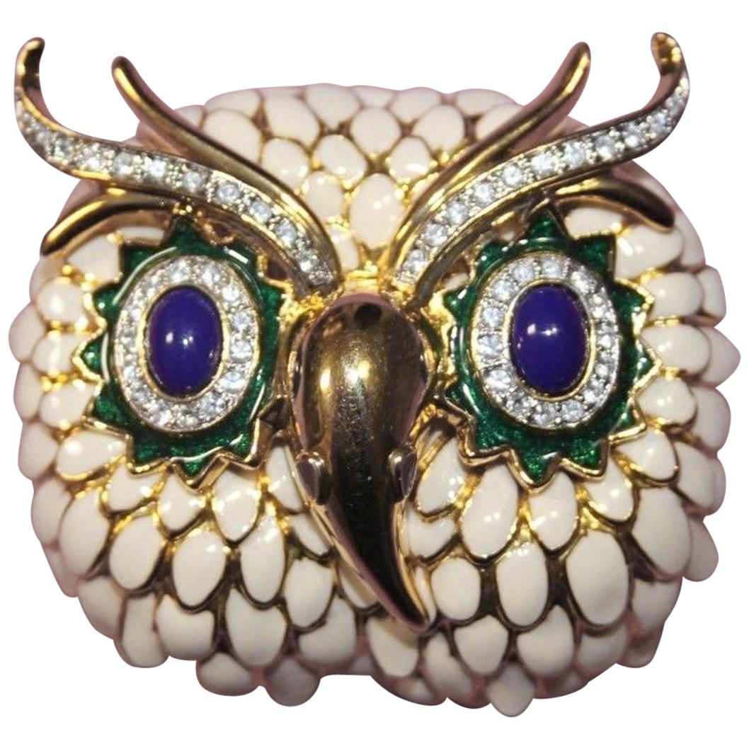 KJL Signed Kenneth J Lane Enamel and Crystal Gold Tone Snowy Owl Brooch Pin  For Sale