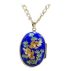 Antique 1900s Asian Cloisonne Koi Fish Gilded Sterling Silver Necklace Locket