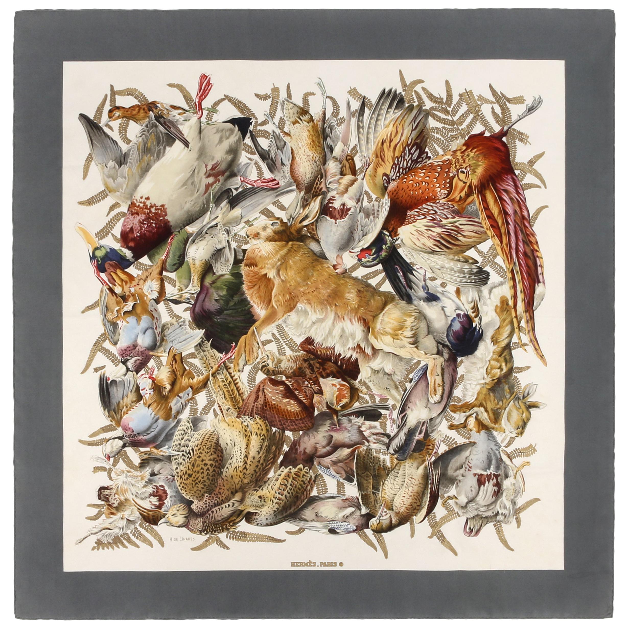 HERMES Henri de Linares c.1966 "Gibiers" Rabbit & Bird Hunting Motif Silk Scarf