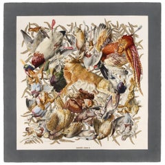 HERMES Henri de Linares c.1966 "Gibiers" Rabbit & Bird Hunting Motif Silk Scarf