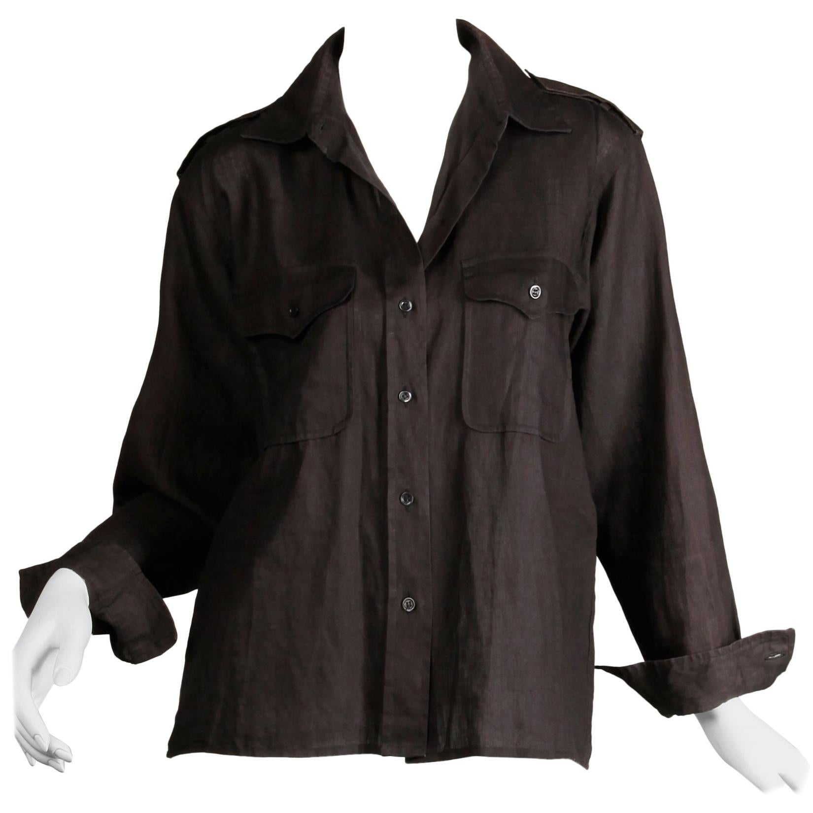1970s Yves Saint Laurent Vintage Black Linen Safari Button Up Blouse/ Top/ Shirt