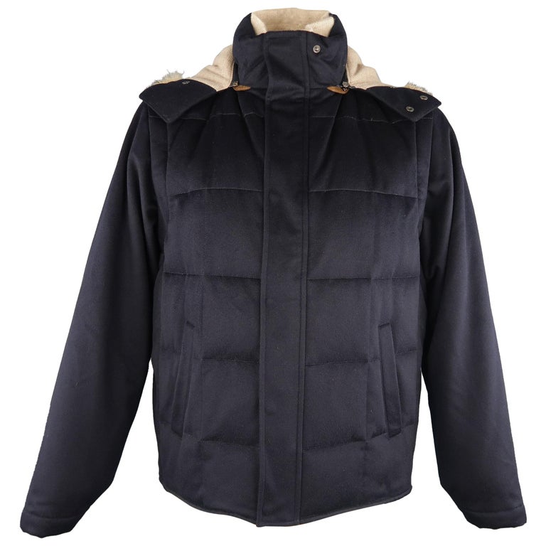 Men's LORO PIANA XL Navy Quilted Cashmere Detachable Fur Lined Hood ...
