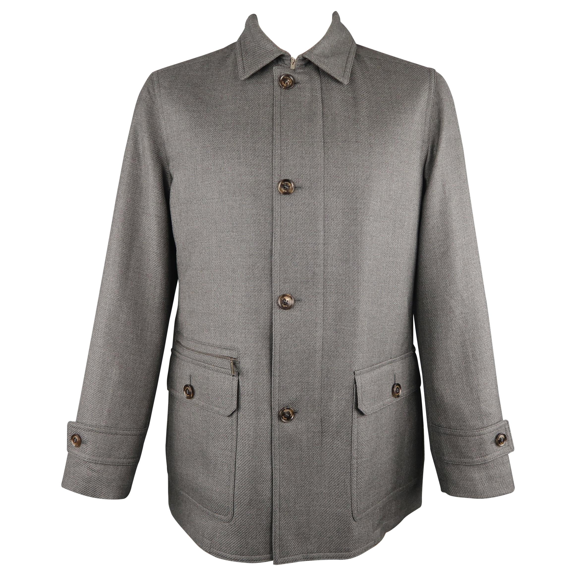 ERMENEGILDO ZEGNA L Gray Cashmere / Silk Collared Button Placket Car Coat
