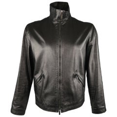 Men's ARMANI COLLEZIONI 42 Black Leather High Collar Zip Jacket