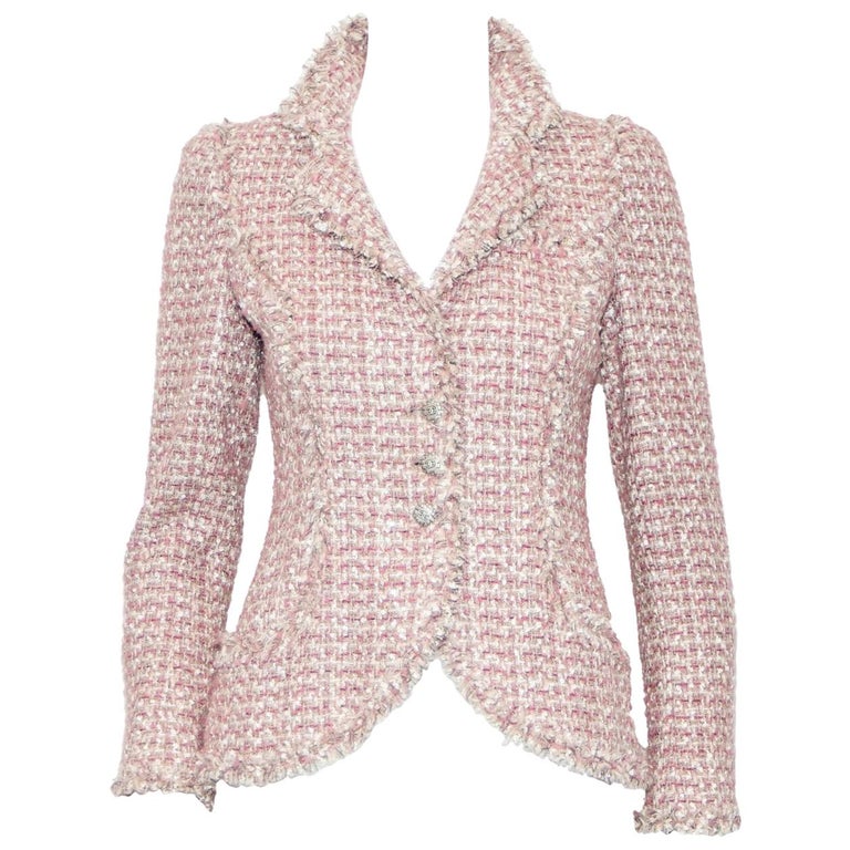 Chanel Mauve, Pink and Beige Metallic Boucle and Sequined Fringe Jacket ...