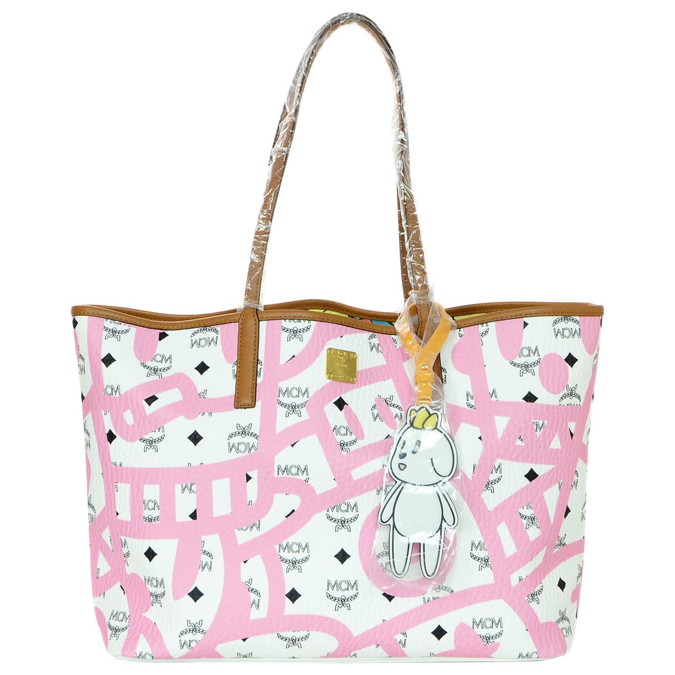 MCM x Eddie Kang NEW White Monogram/Multicolor Printed Reversible Tote Bag 