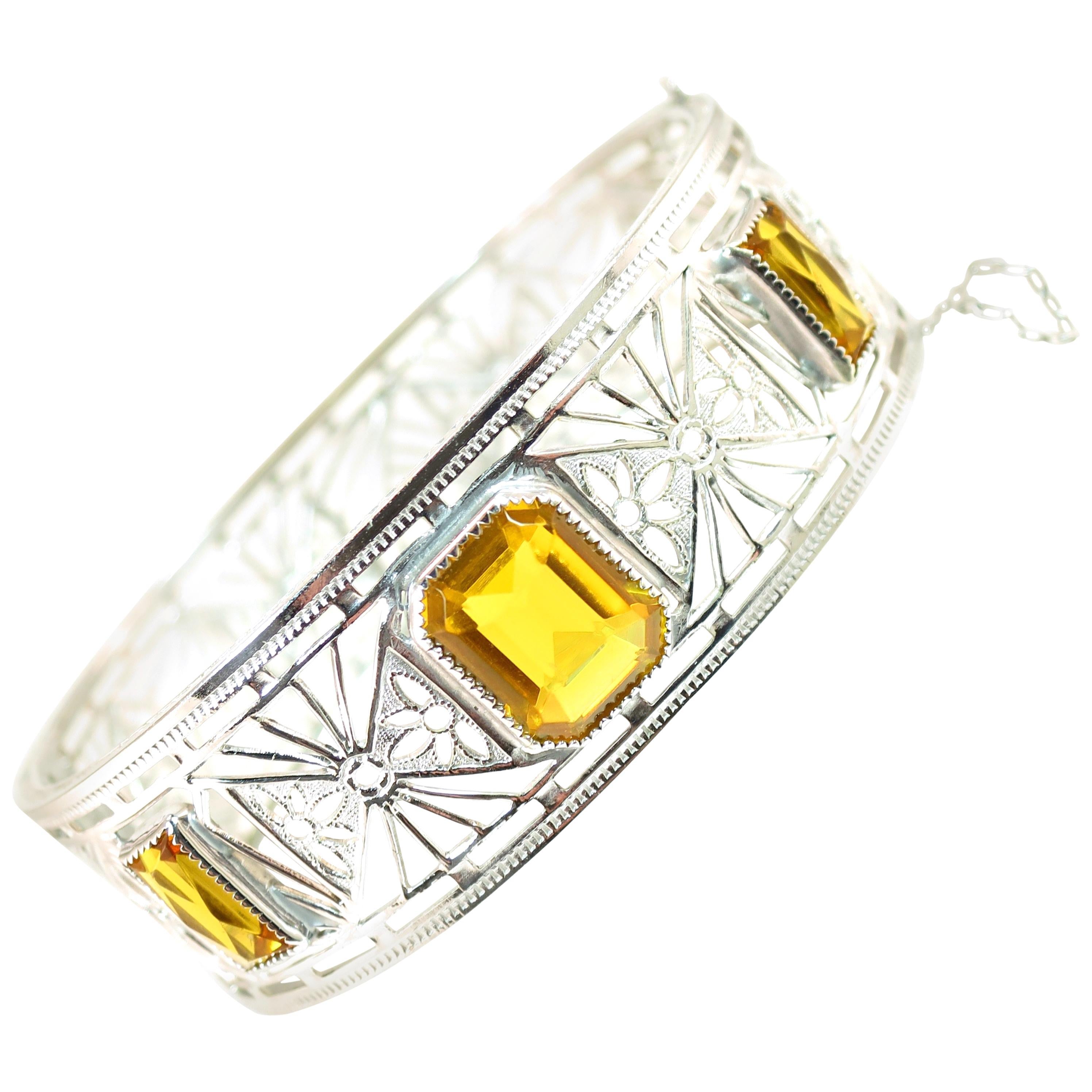 Art Deco Nu-Wite Rhodium & Amber Crystal Spiderweb Filigree Cuff Bracelet For Sale