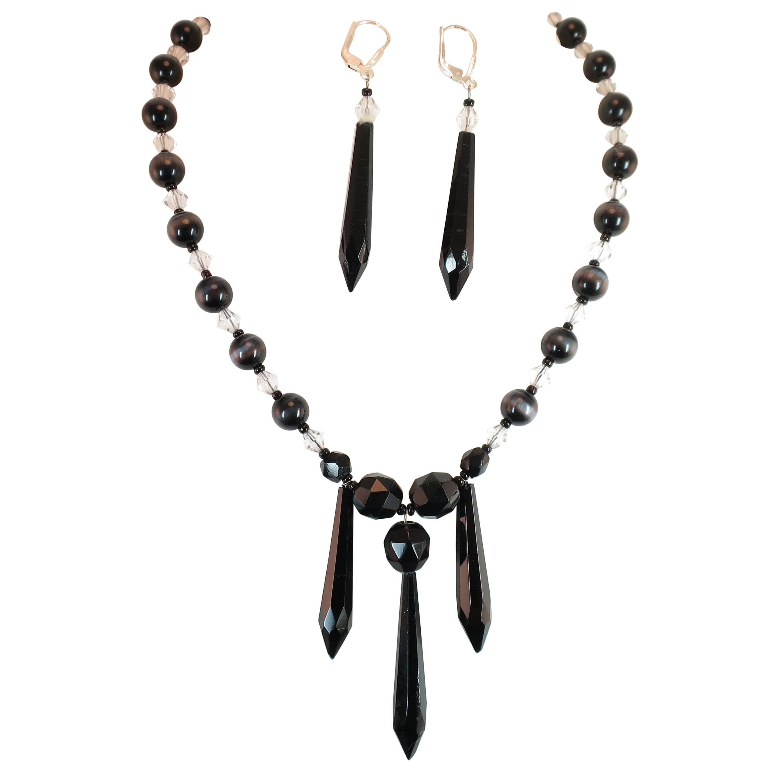 Victorian Mourning Necklace & Earrings of French Jet & Banded Agate, 1890s