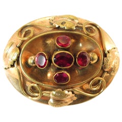 Antique Victorian 10k Gold & Garnet Hollow-ware Brooch 1860s