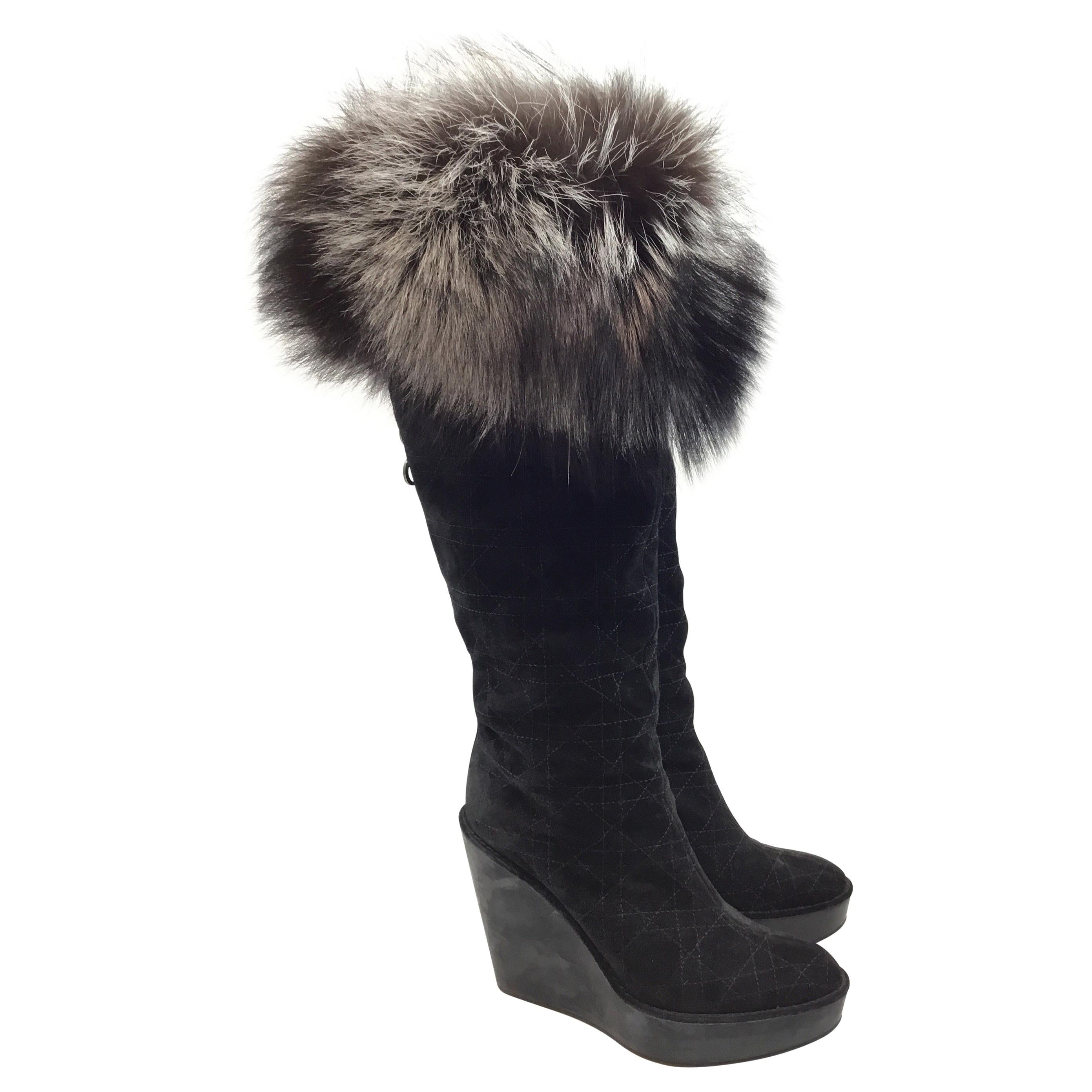 Christian Dior Cannage Suede Boots with Fox Fur