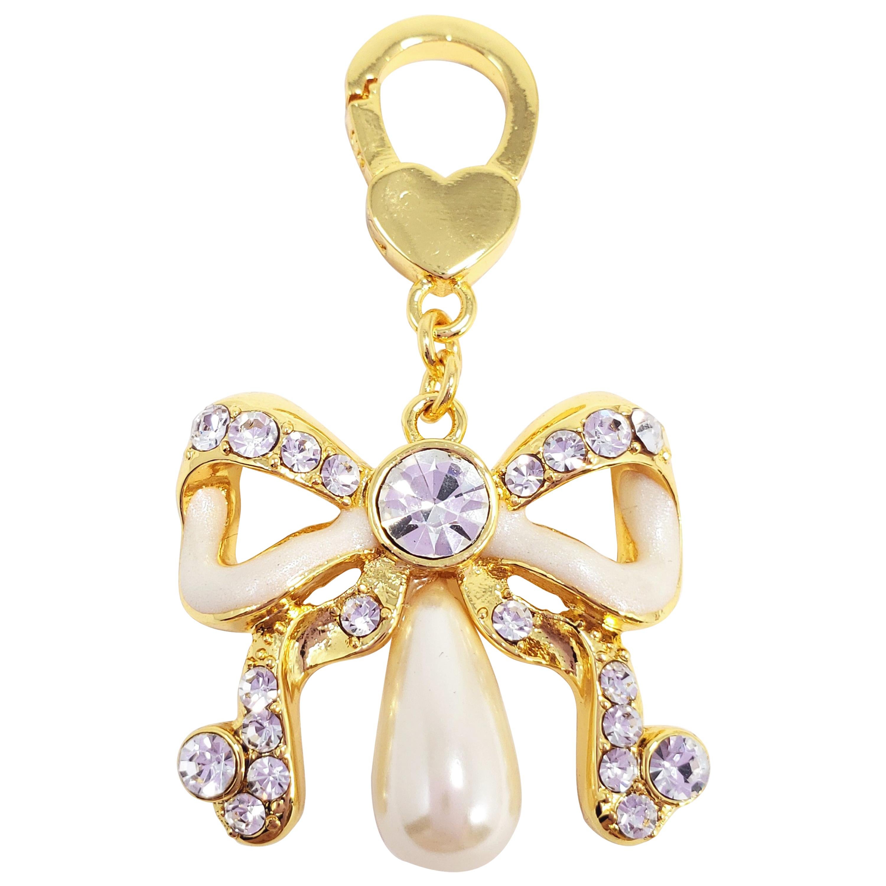 Jay Strongwater Faux Pearl Bow Charm in Gold, with Enamel and Crystals For Sale