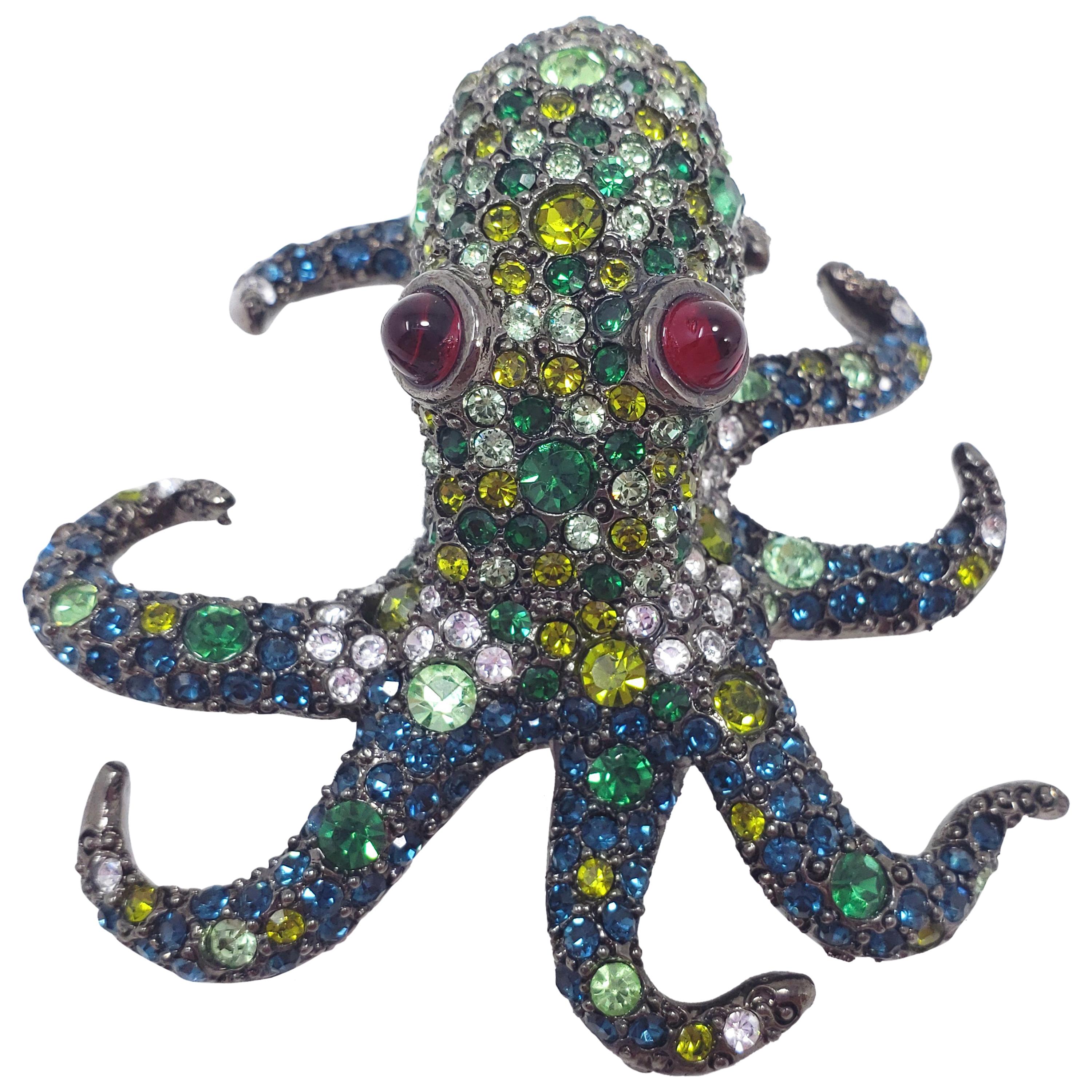 KJL Kenneth Jay Lane Pave Green and White Crystal Octopus Brooch