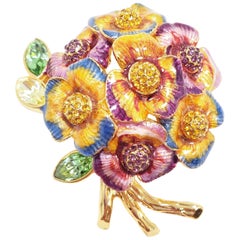 Jay Strongwater Pansy Flower Bouquet Enamel and Crystal Brooch, Pin, Pendant