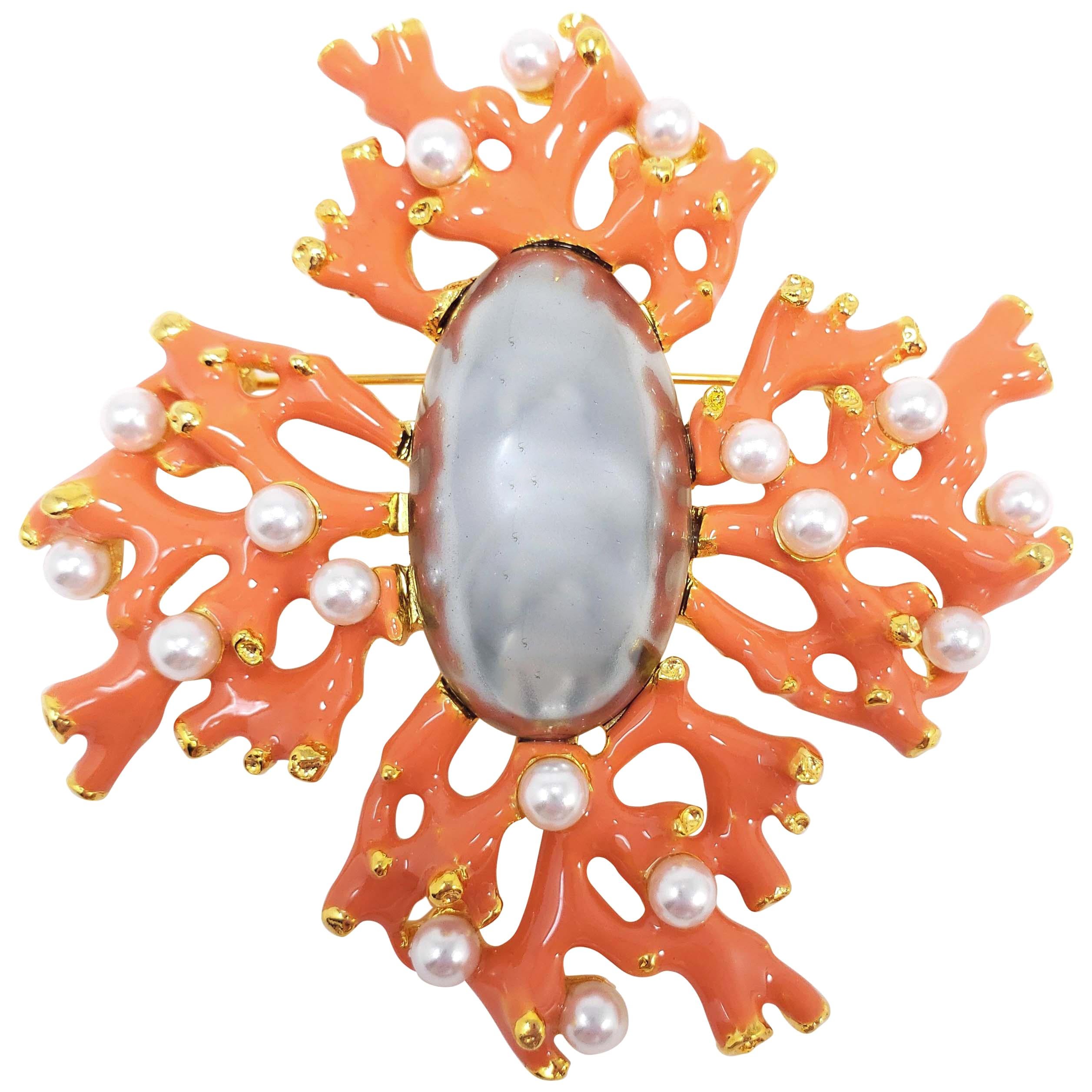 KJL Kenneth Jay Lane Faux Pearl and Coral Branch Pin, Brooch, Pendant in Gold