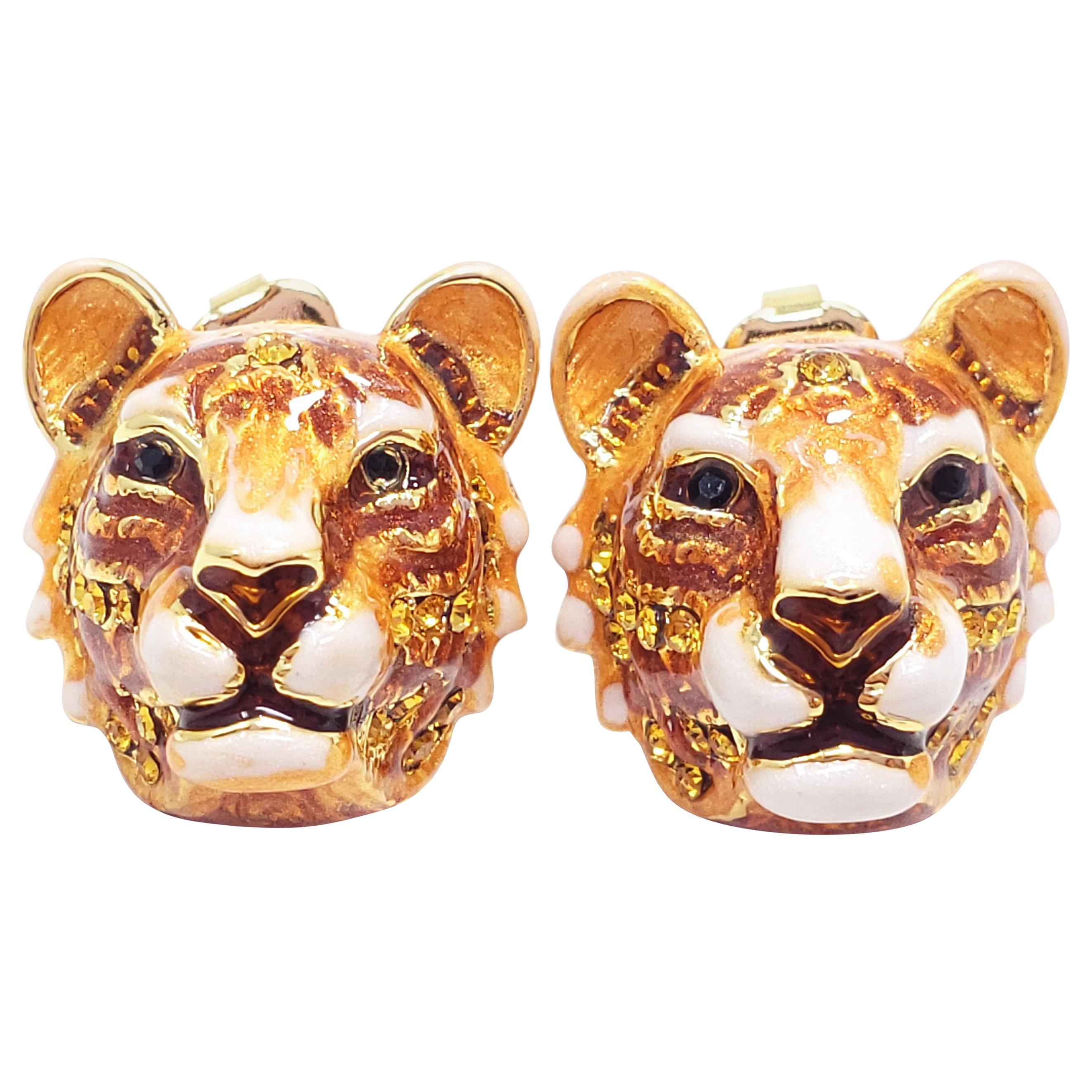 Jay Strongwater "Call of the Wild" Enamel Tiger Head Post Earrings in Gold