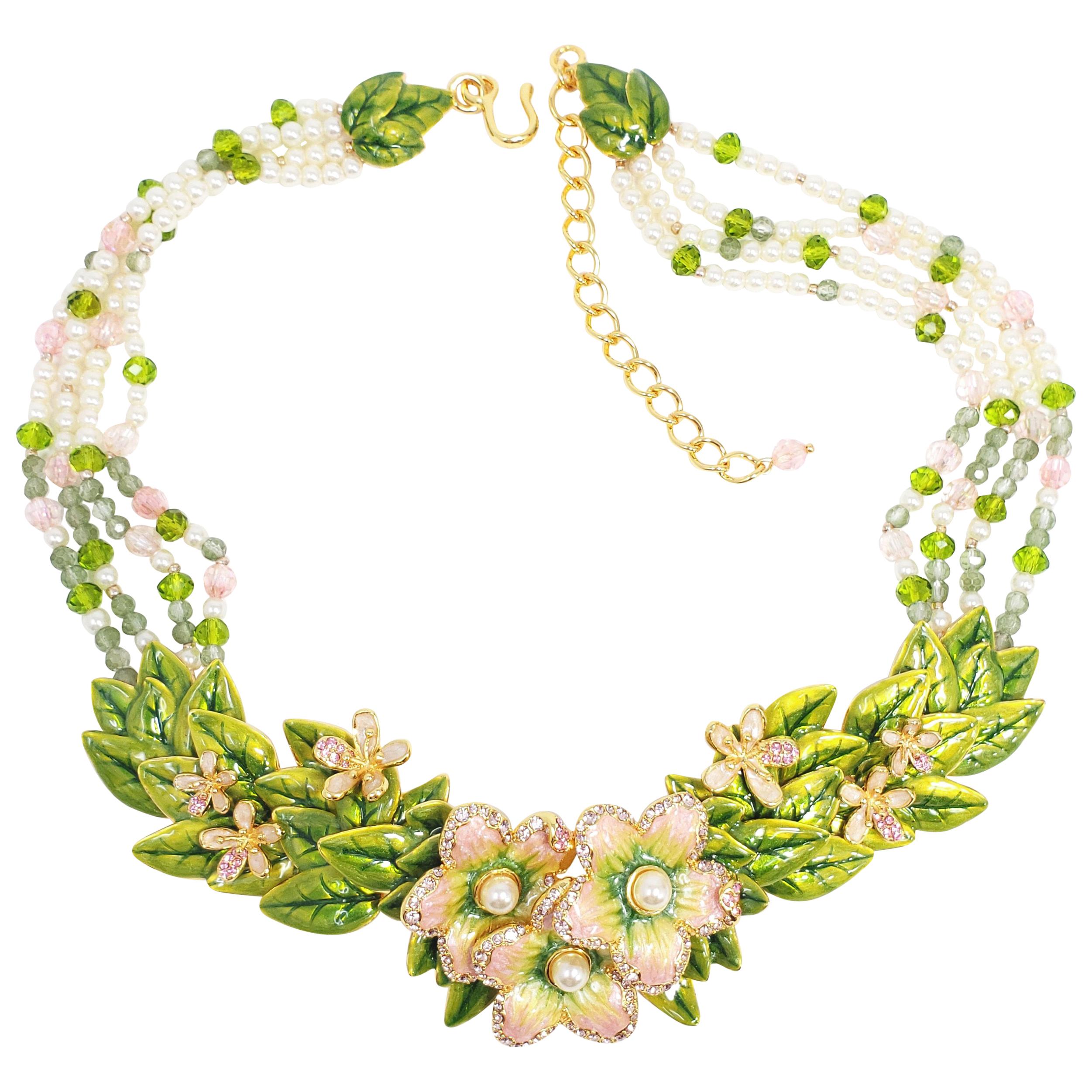 Jay Strongwater “Spring Blossom”  Enamel, Crystal and Simulated Pearl Necklace