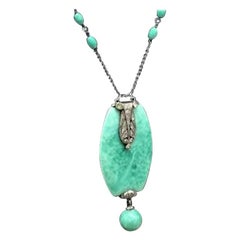 1920s Art Deco Vintage Sterling Silver Peking Glass Rope Pendant Necklace Gift