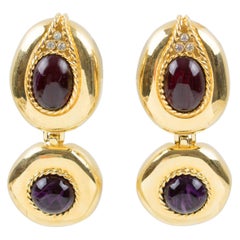 Givenchy Paris Signed Clip-on Earrings Dangling Gilt Metal Large Glass Cabochons