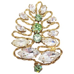 Vintage Freirich Abstract Floral Prong Set Clear and Green Crystal Pin, Brooch in Gold