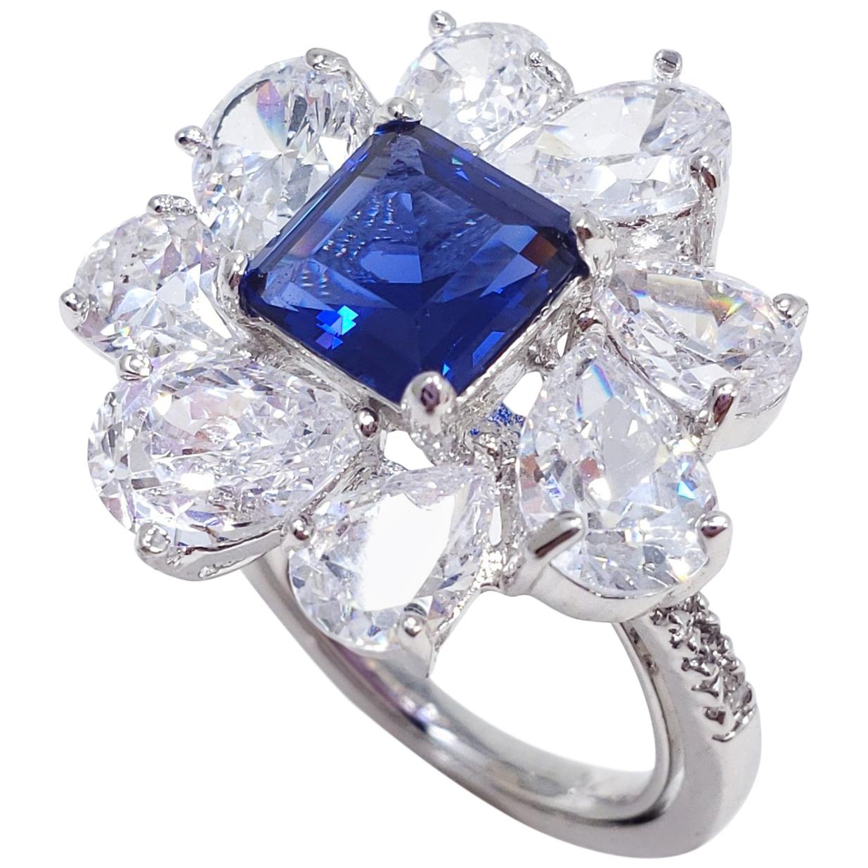 CZ by KJL, Cubic Zirconia Rhodium Plated Cluster Cocktail Ring, Kenneth Jay Lane For Sale