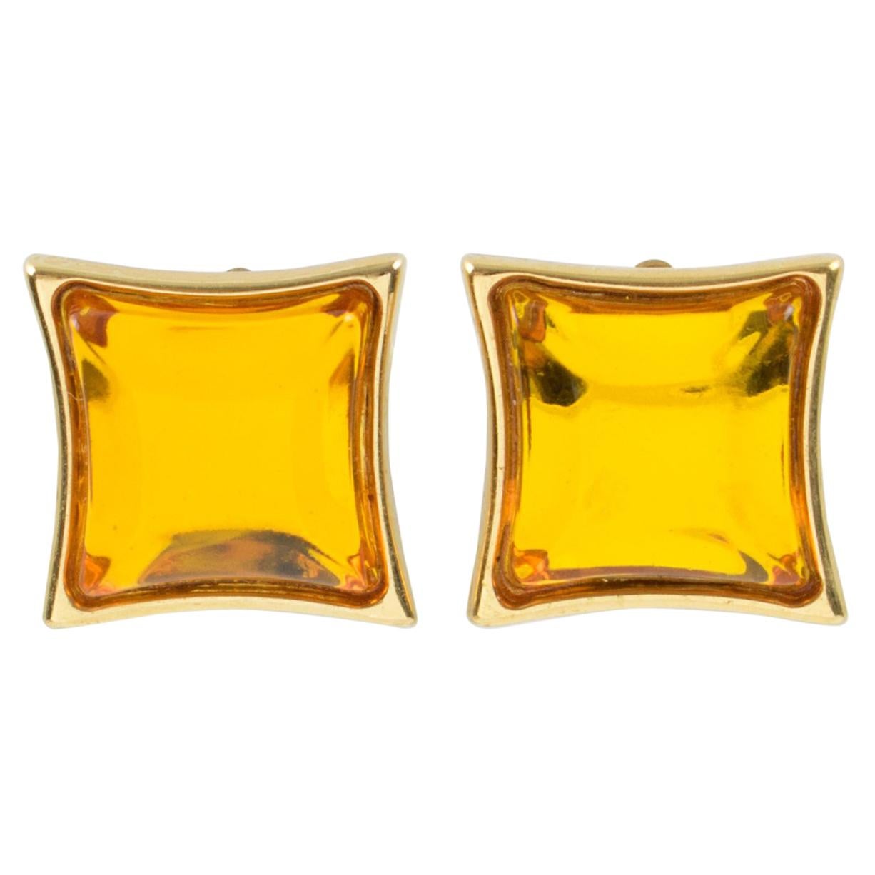 Yves Saint Laurent Paris Square Clip Earrings Gilt Metal & Honey Glass Cabochon