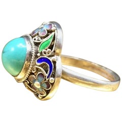 Mid Century Vintage 1940s Turquoise Enamel Filigree Adjustable Floral Gift Ring