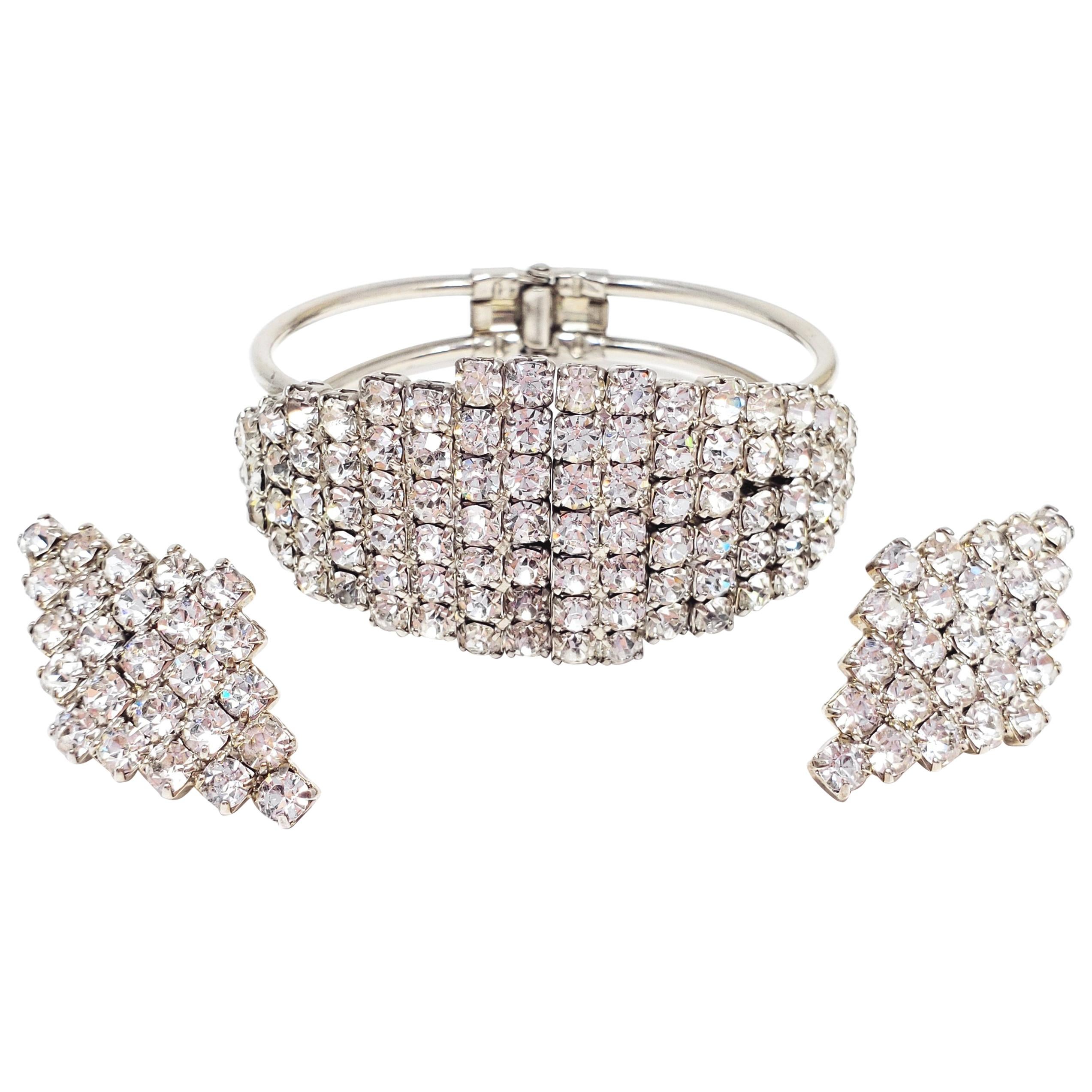 Art Deco Demi Parure Pave Clear Crystal Geometric Clip On Earrings and Bracelet For Sale