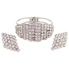 Antique Art Deco Demi Parure Pave Clear Crystal Geometric Clip On Earrings and Bracelet