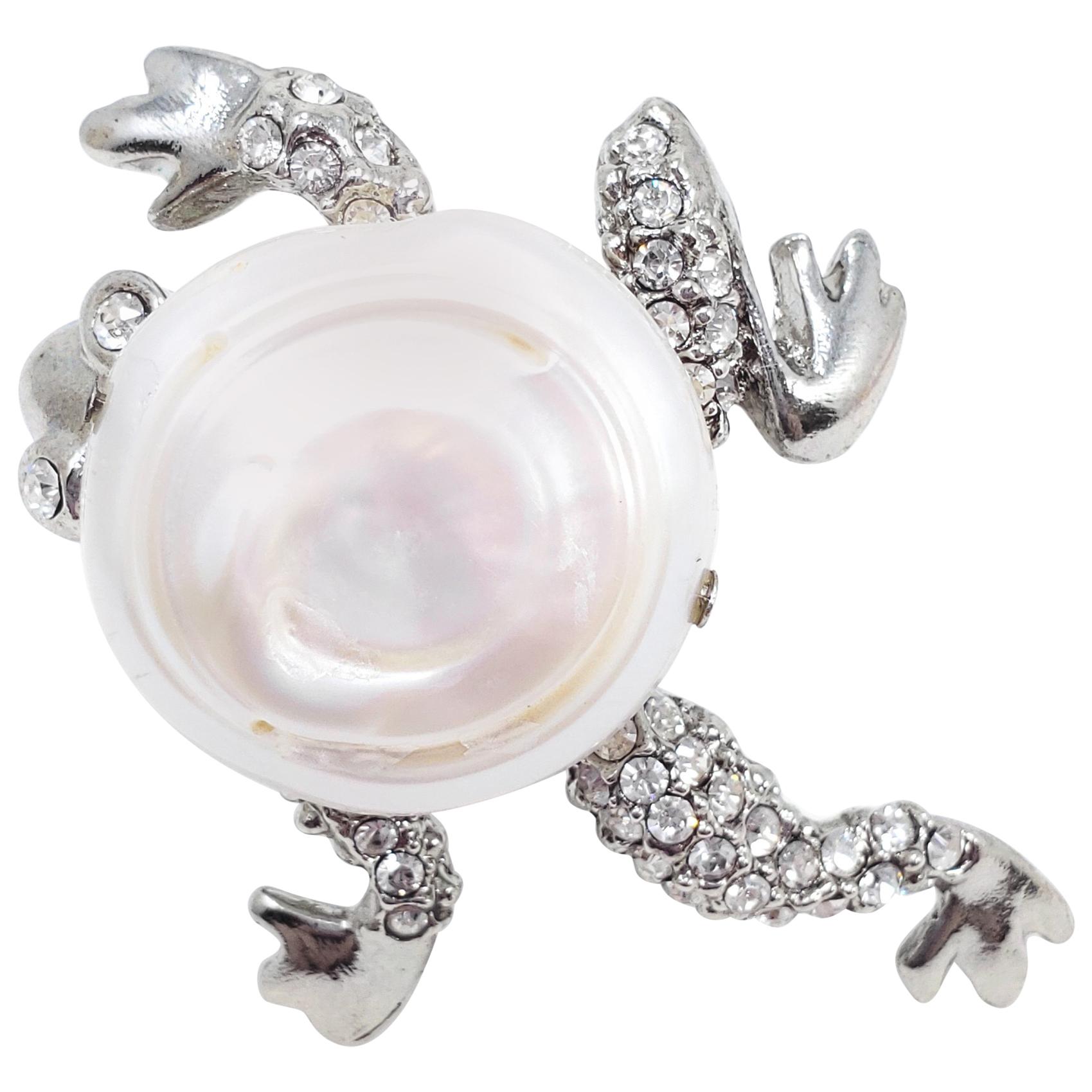 Oscar de la Renta Mother of Pearl, Pave Crystal, Rhodium Plated Frog Ring