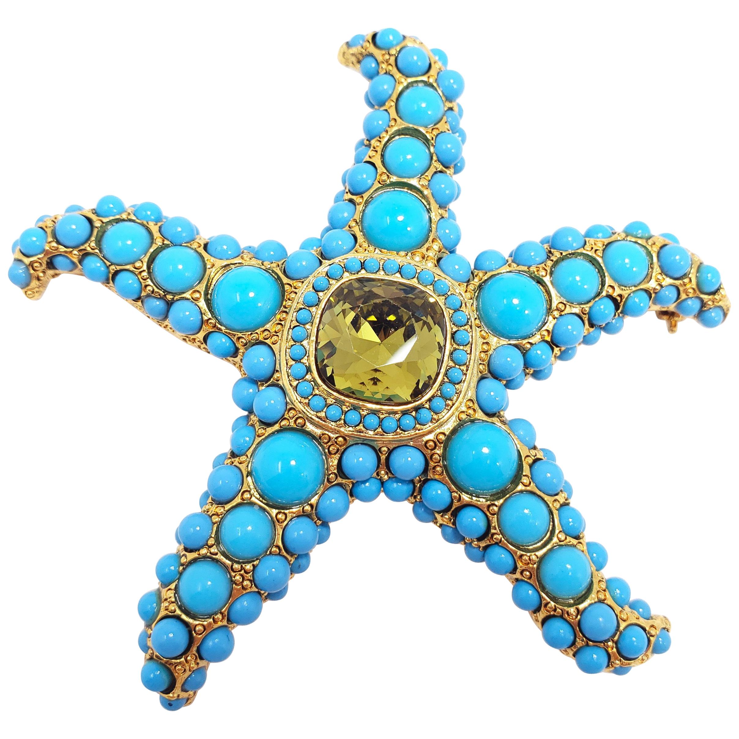KJL Kenneth Jay Lane Turquoise Cabochon & Olive Crystal Starfish Pin, Brooch