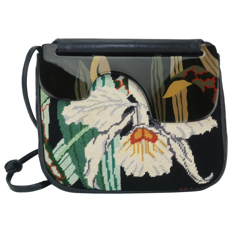 1980's Moon Bags Needlepoint Leather and Hand Painted Lacquer Wood