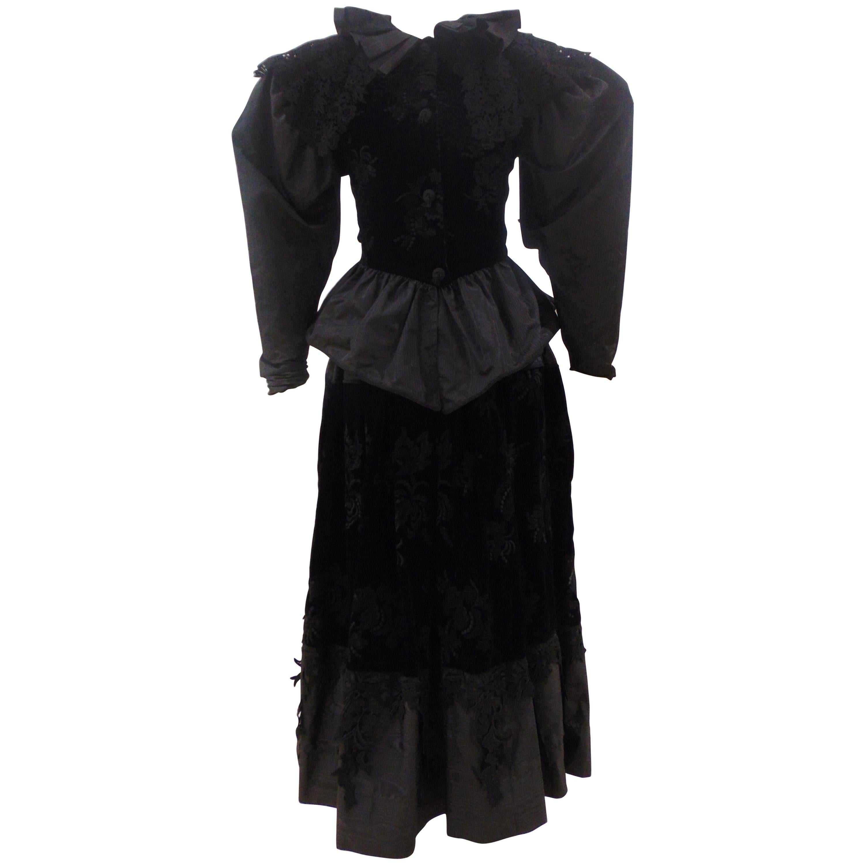 Claude Montana Black Silk Velvet Lace Skirt Suit