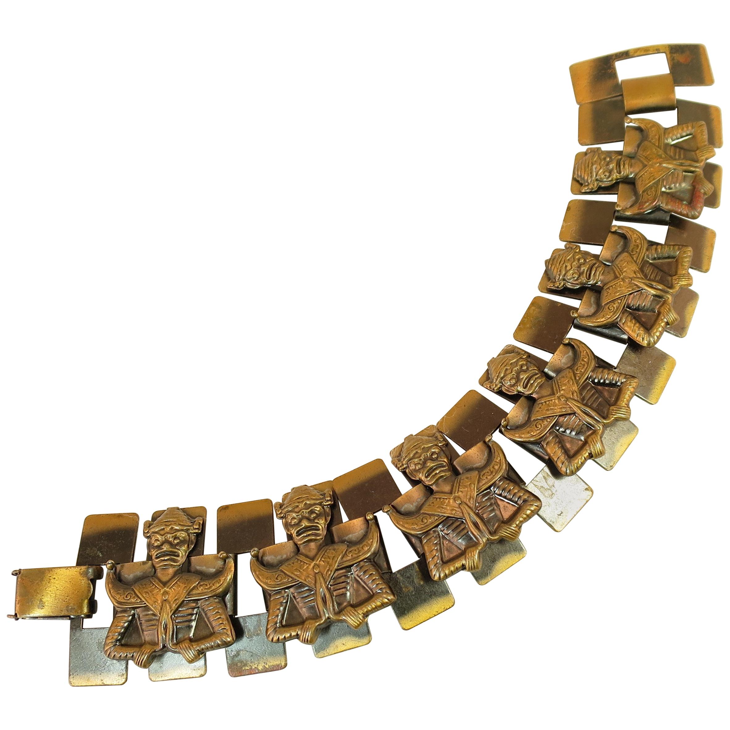 Mid-Century Modern Asian Warrior Antiqued Copper Bracelet 1950s For Sale