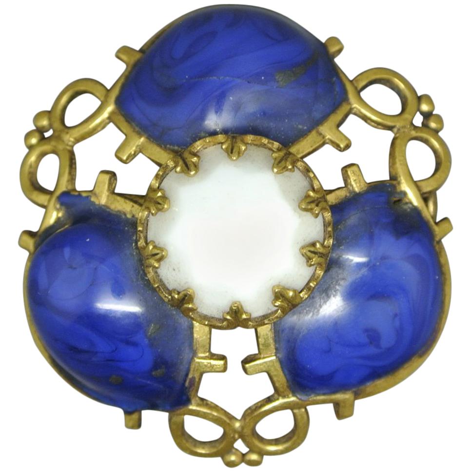 Gripoix Made in France lapis Blue Poured Glass abstract Brooch For Sale