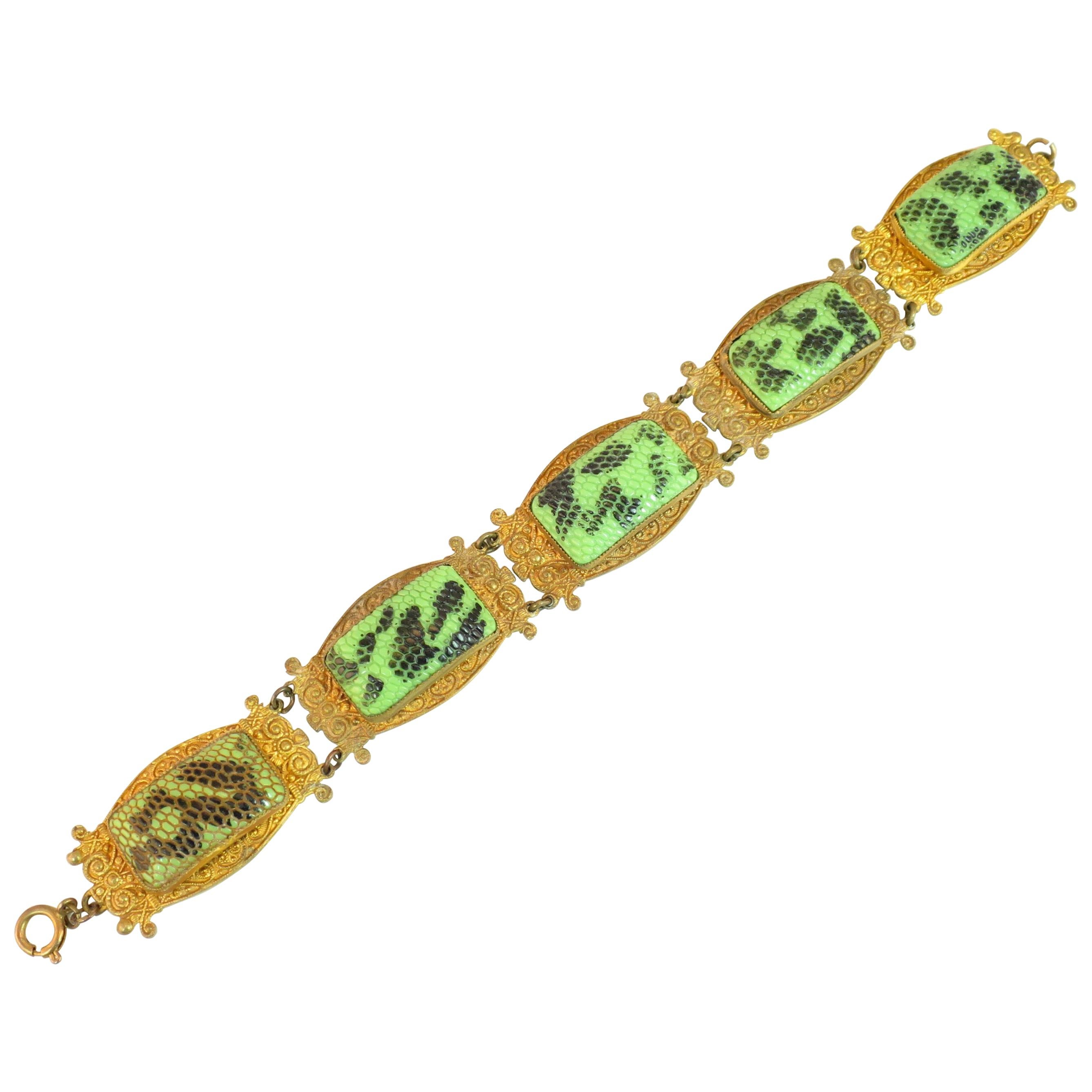 Art Deco Czech Egyptian Revival Snakeskin Glass Bracelet 1920s For Sale