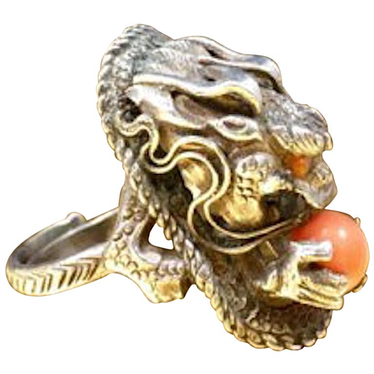 1920s Asian Art Nouveau Vintage Coral Silver Adjustable Dragon Ring Gift Ideas For Sale