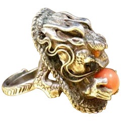1920s Asian Art Nouveau Antique Coral Silver Adjustable Dragon Ring Gift Ideas