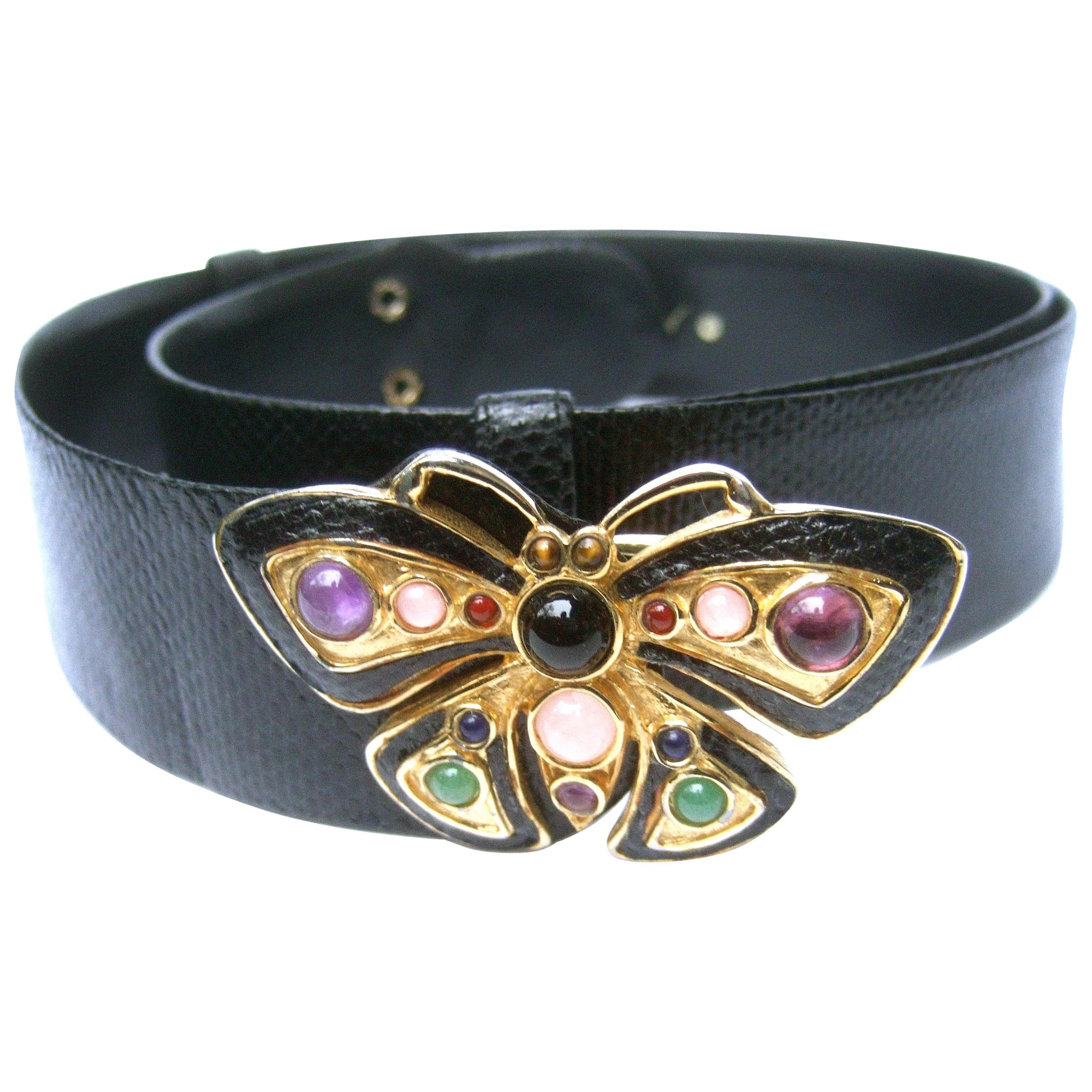 Judith Leiber Jeweled Glass Cabochon Black Leather Butterfly Belt Circa 1980s