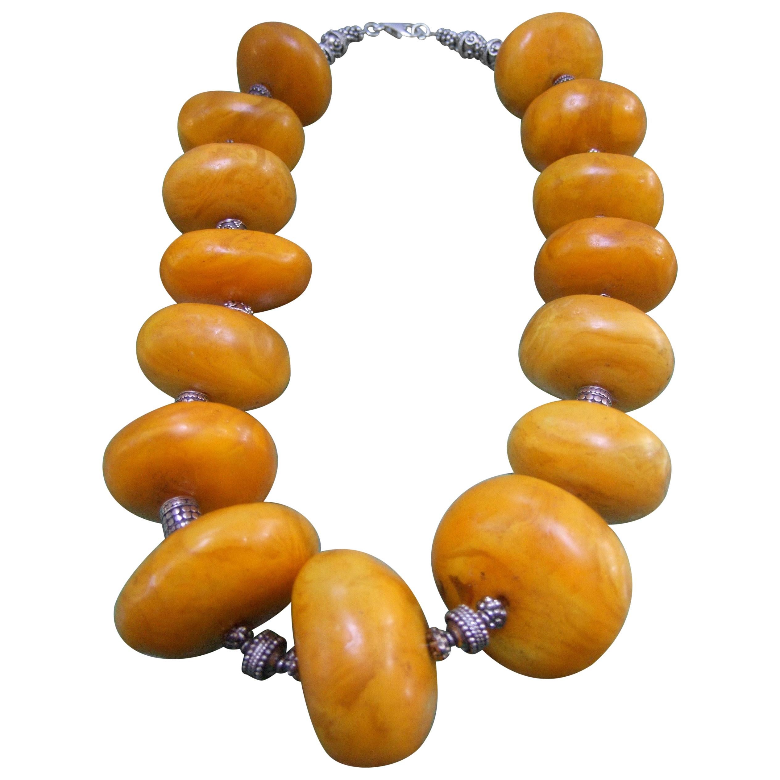 Massive Faux Amber Color Resin Beaded Artisan Necklace c 1970s