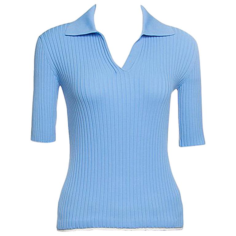 Louis Vuitton Powder Blue Rib Knit Short Sleeve Collared Top S For Sale ...