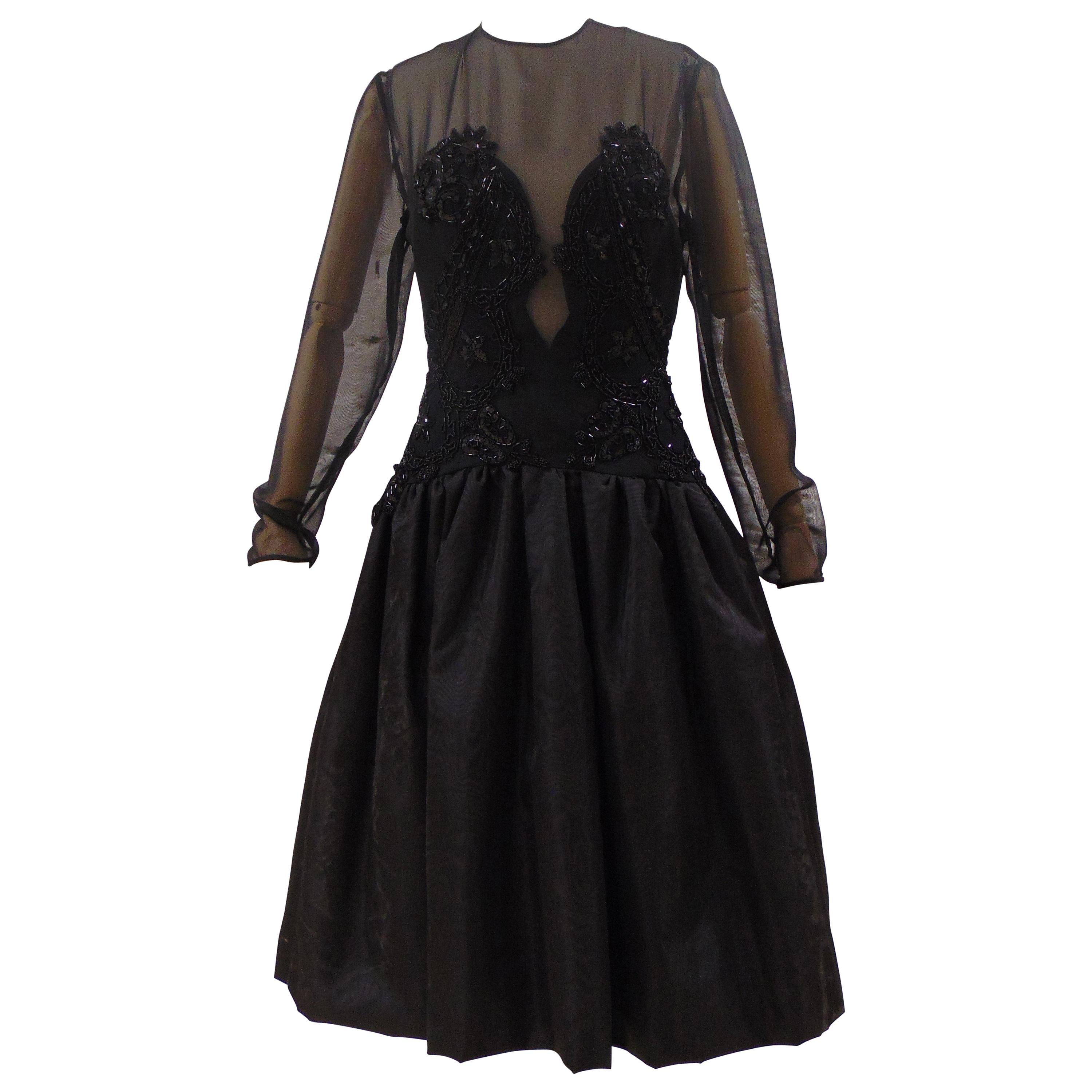 1980s Barberini Haute Couture Black Beaded Dress For Sale at 1stDibs