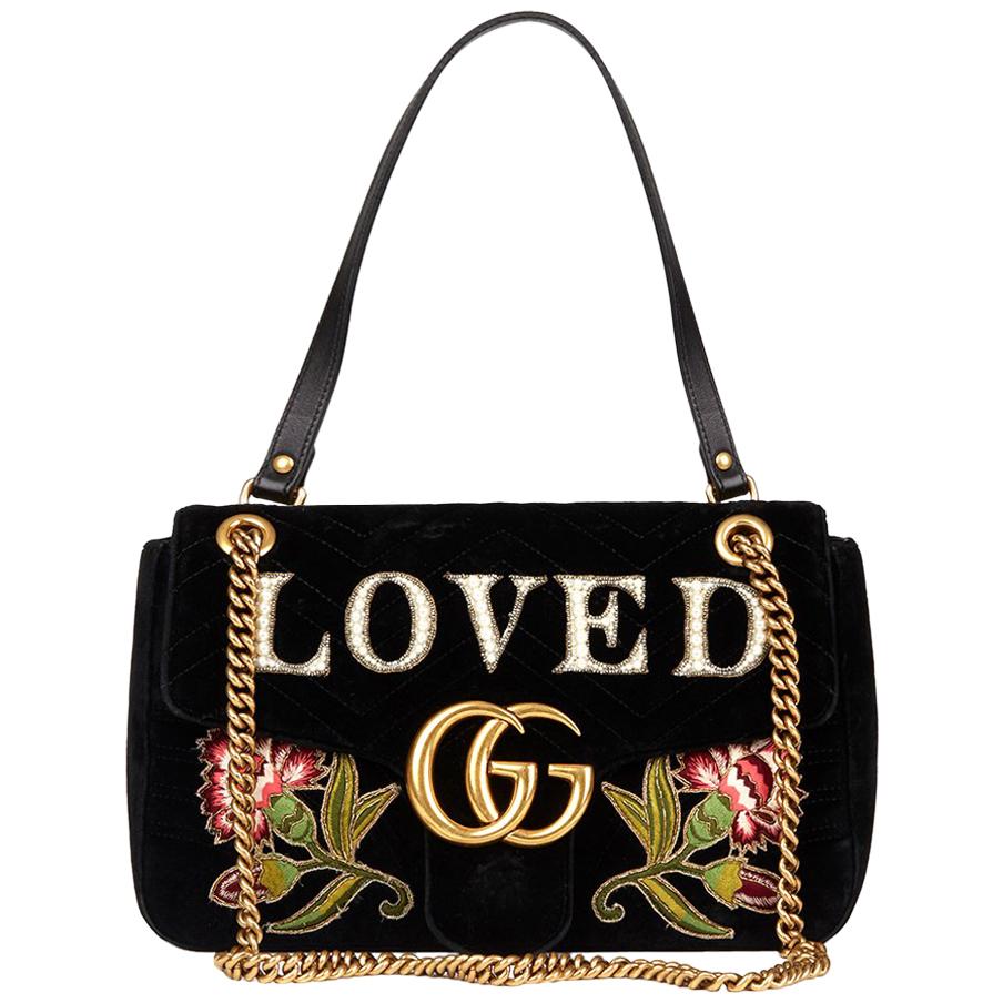 2018 Gucci Black Quilted & Embellished Velvet 'Loved' Medium Marmont