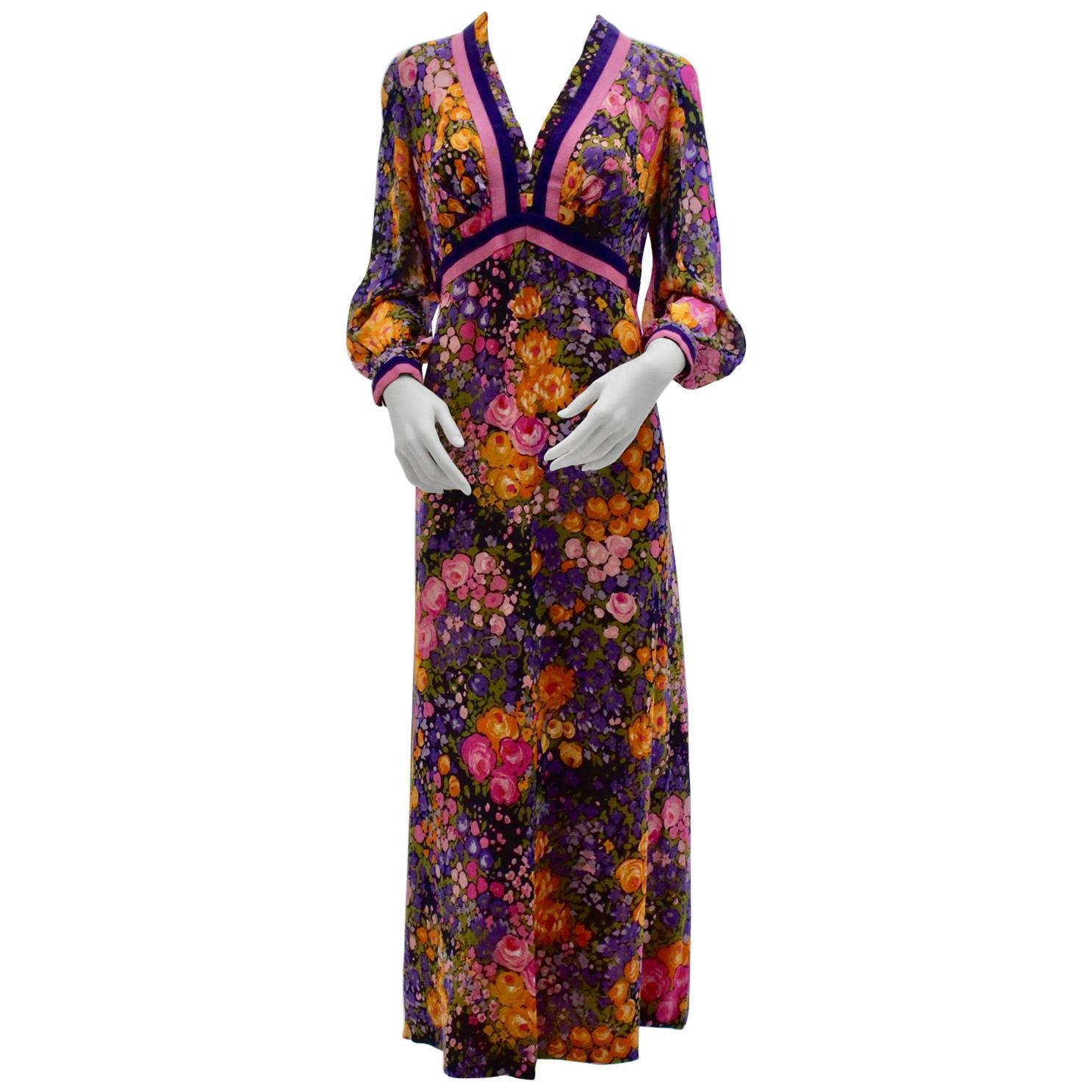 Herbert Schill Vintage Flower Print Boho Maxi Dress 1970s For Sale